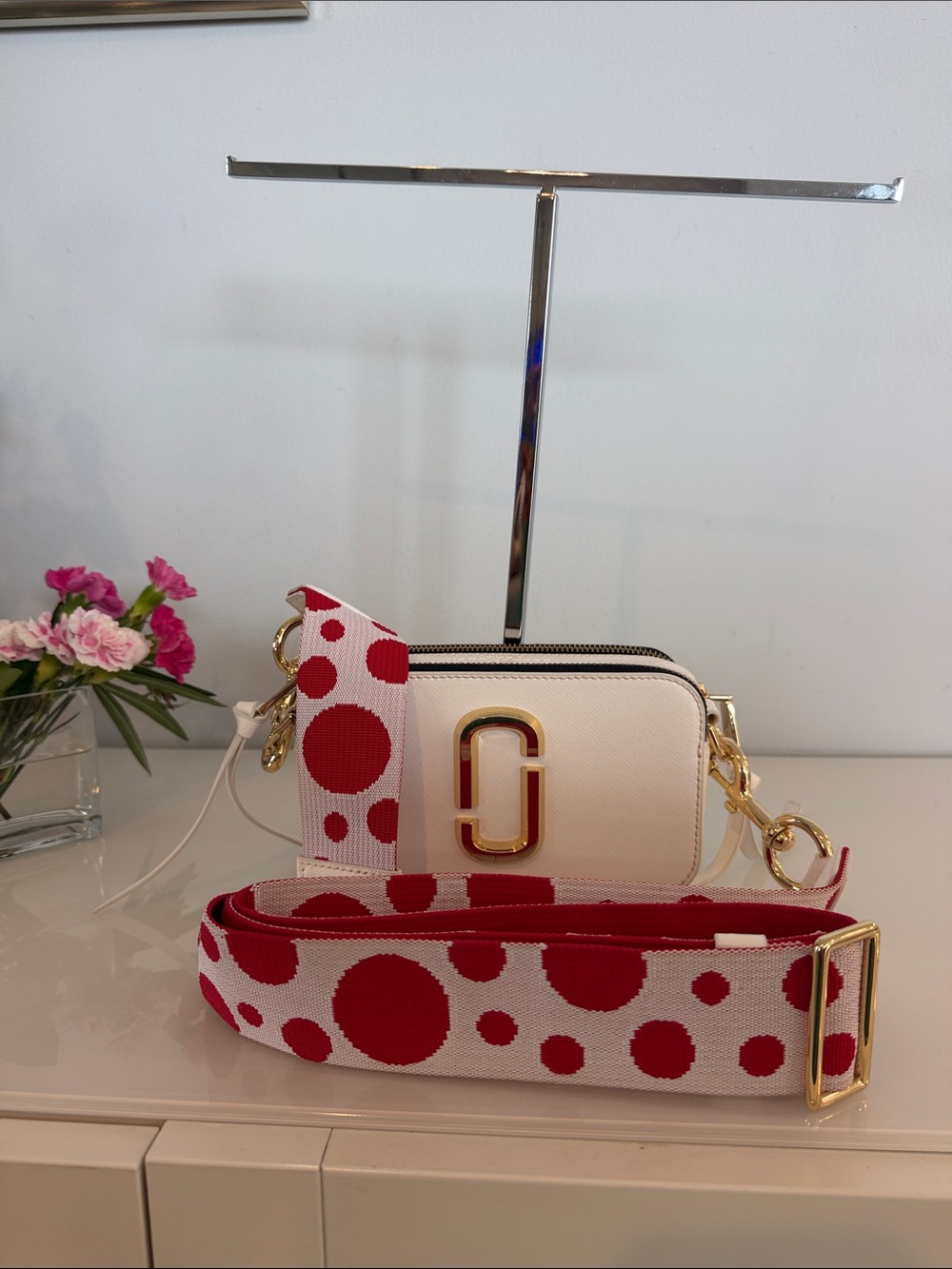 Marc Jacobs the Snapshot Crossbody Bag Brilliant White Leather And Red/White PDS